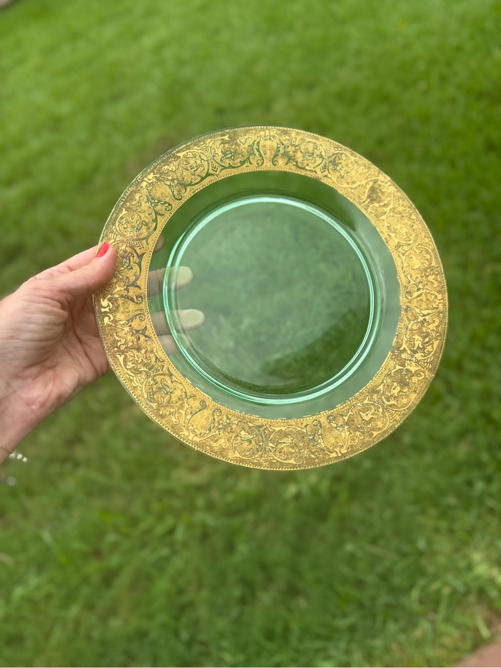 Vintage Uranium Glass Gold Encrusted Plate UV Reactive Vaseline Glass Elegant